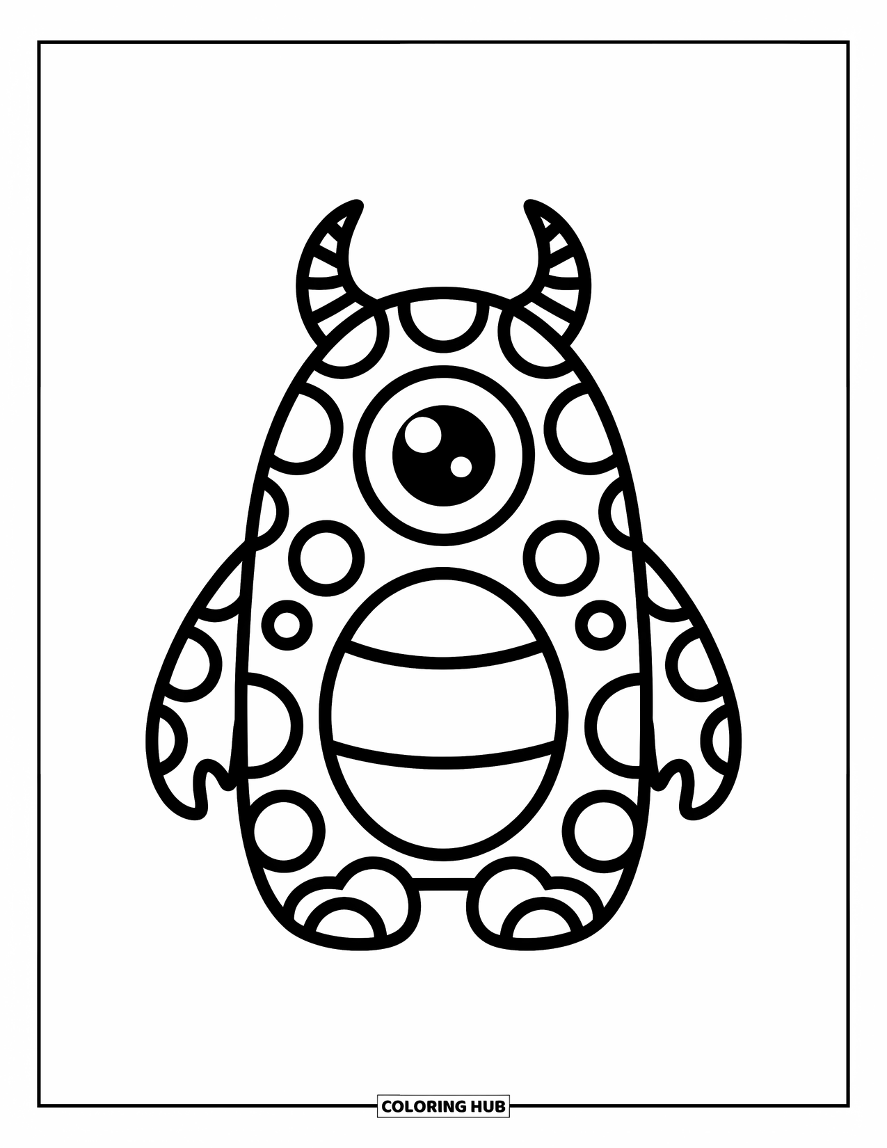 Horror Coloring Page for Kids: A cute monster with two horns and one big eye stands happily with a wide, joyful smile