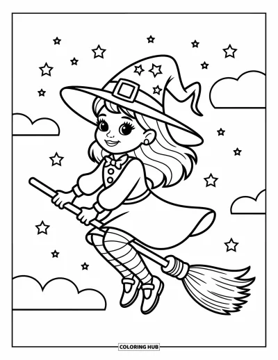 Disegno horror da colorare per bambini: Una tenera strega con un cappello tondo vola gioiosa in un cielo pieno di stelle scintillanti