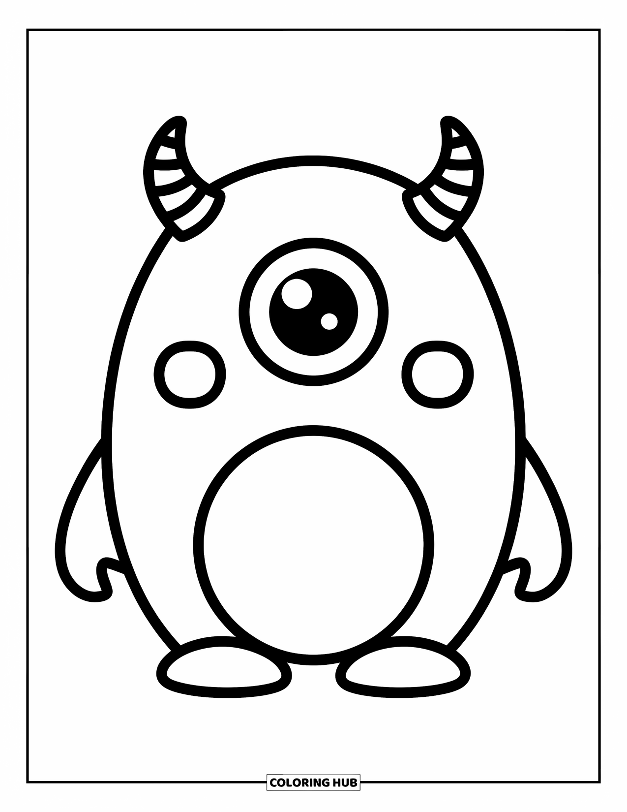 Horror Coloring Page for Kids: A friendly monster with a huggable shape and one big eye beams with a wide smile