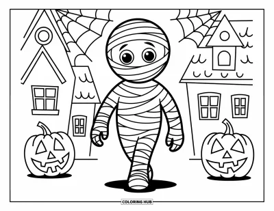 Disegno horror da colorare per bambini: Una mummia simpatica con un gran sorriso passeggia tra zucche di Halloween e ragnatele in una casa stregata