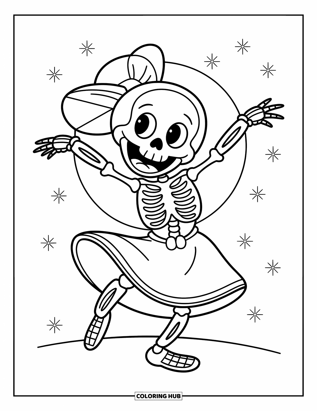 Horror Coloring Page for Kids: A friendly skeleton dances joyfully under the moonlight with twinkling stars above
