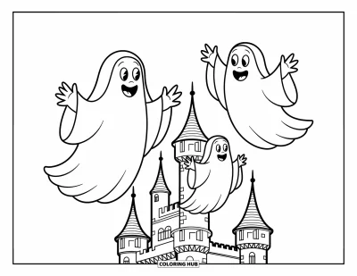 Disegno horror da colorare per bambini: Una famiglia di fantasmi fluttua giocosamente intorno alle torri e ai tetti di un vecchio castello