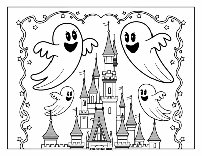 Disegno horror da colorare per bambini: Una famiglia di fantasmi con occhi luminosi fluttua intorno a un castello imponente sotto le stelle