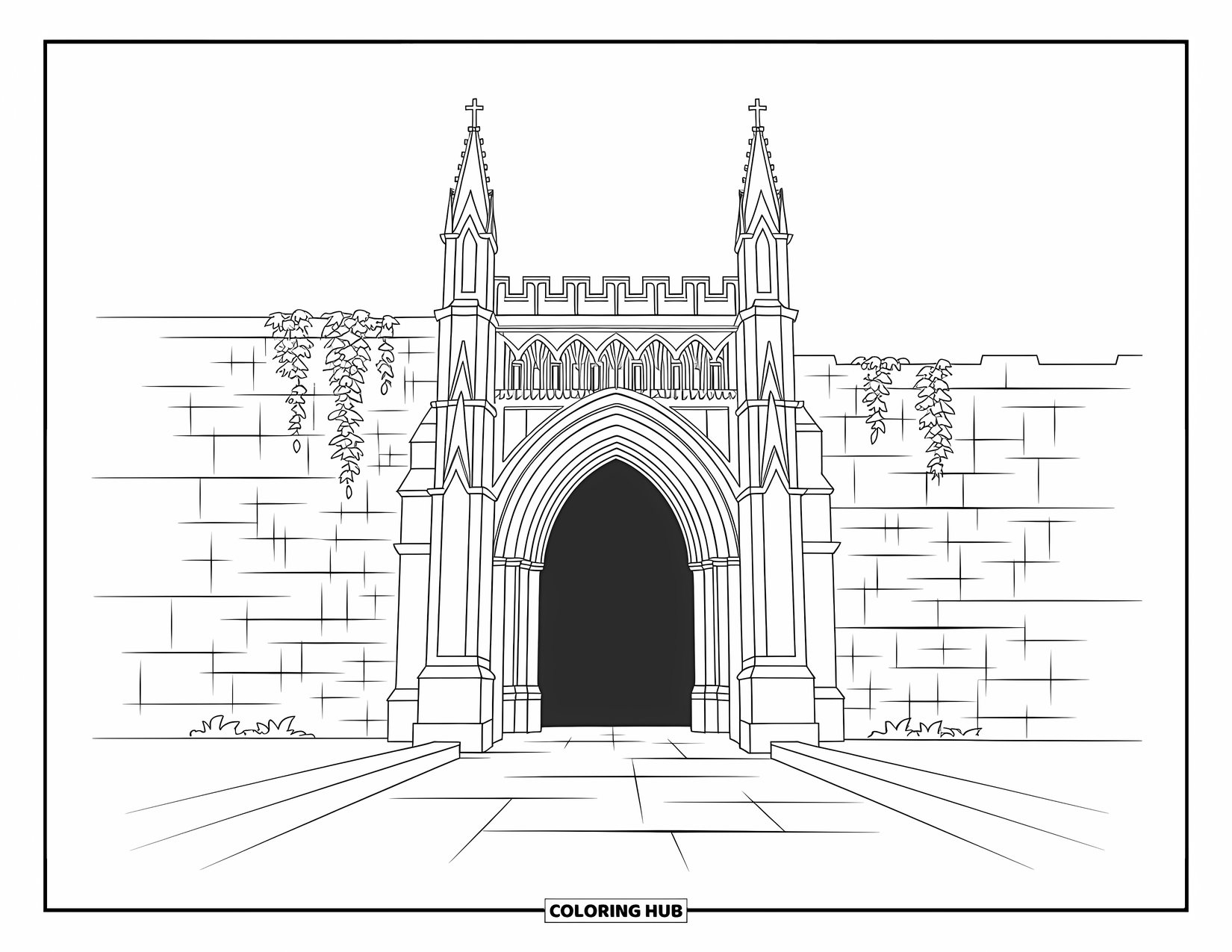 Horror Coloring Page for Kids: A gothic archway with carvings and ivy leads into a shadowy underground lair