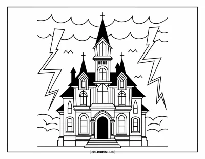 Disegno horror da colorare per bambini: Una villa infestata in stile gotico si staglia imponente sotto un cielo tempestoso con fulmini sullo sfondo