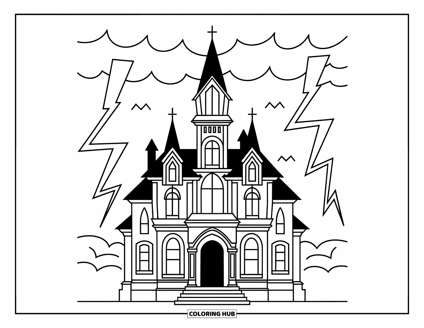 Horror Coloring Page for Kids: A gothic haunted mansion stands tall under a stormy sky with lightning striking behind it
