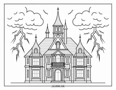 Disegno horror da colorare per bambini: Una grande villa infestata si erge sotto un cielo tempestoso dove i fulmini crepitano in lontananza