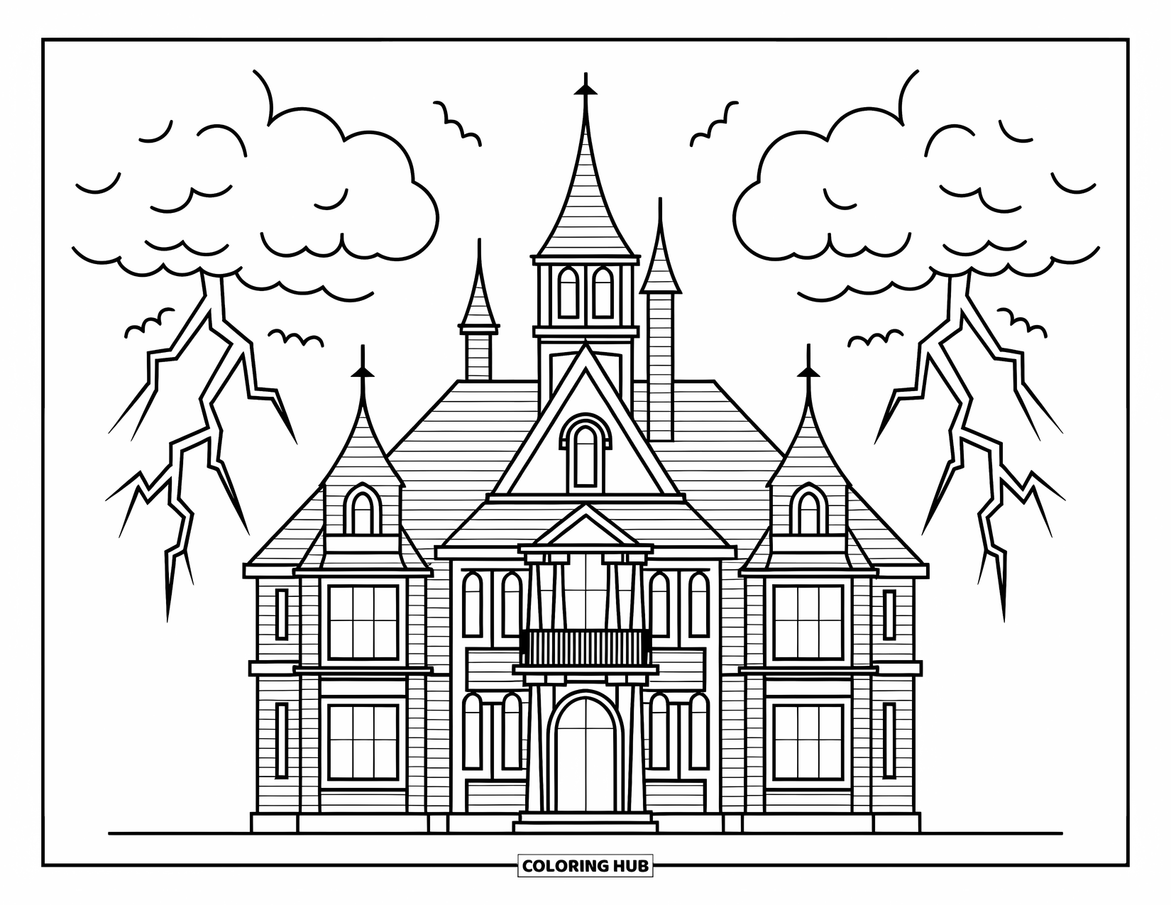 Horror Coloring Page for Kids: A grand haunted mansion towers beneath a stormy sky where lightning crackles in the distance