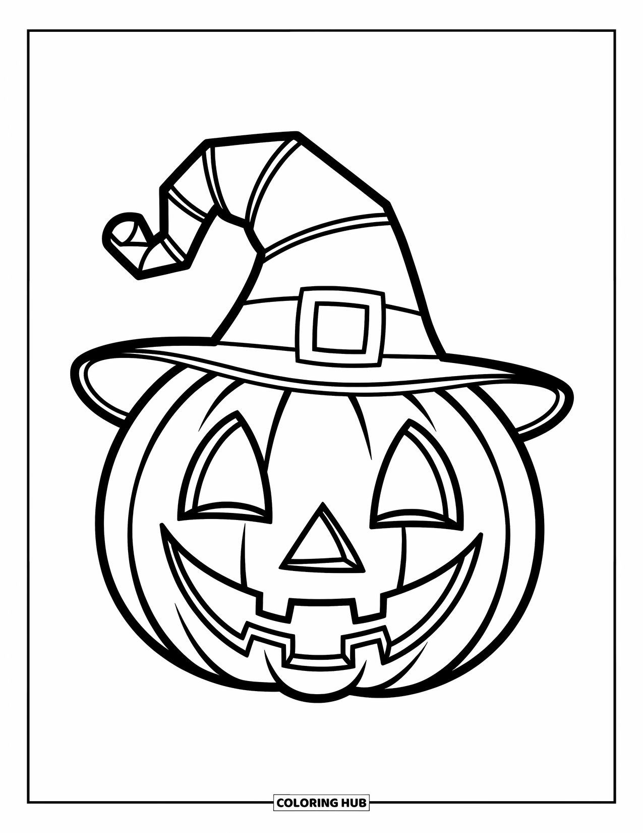 Horror Coloring Page for Kids: A joyful jack-o'-lantern with a tilted hat beams with a big, playful grin
