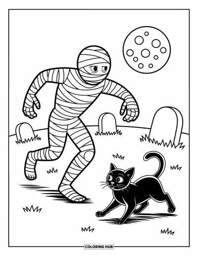 Disegno horror da colorare per bambini: Una scena di cimitero vivace con una mummia che insegue un gatto tra lapidi storte e stravaganti
