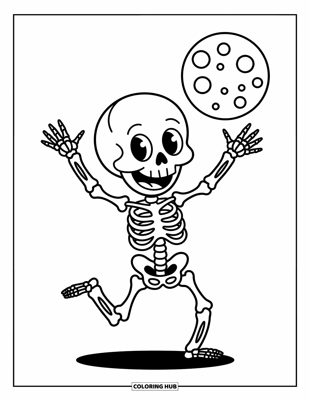 Horror Coloring Page for Kids: A lively skeleton dances with joy under a sky sprinkled with soft twinkling stars