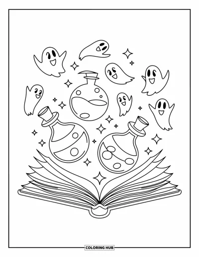 Disegno horror da colorare per bambini: Un libro magico si apre mentre pozioni e piccoli fantasmi fluttuano allegramente vicino