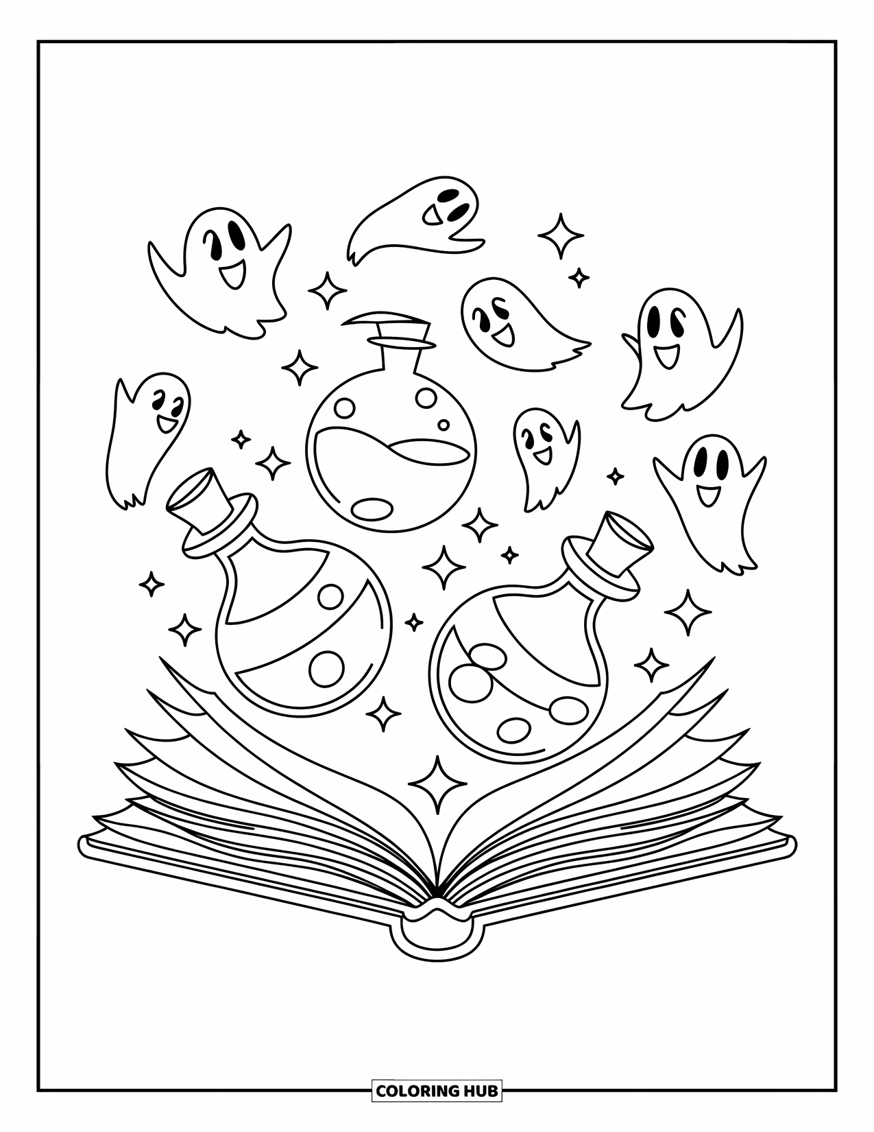 Horror Coloring Page for Kids: A magical book flutters open while potions and tiny ghosts float joyfully nearby