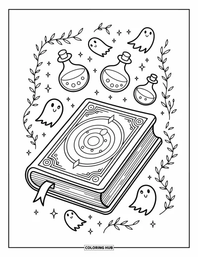 Disegno horror da colorare per bambini: Un libro magico circondato da pozioni fluttuanti e piccoli fantasmi allegri con facce tonde