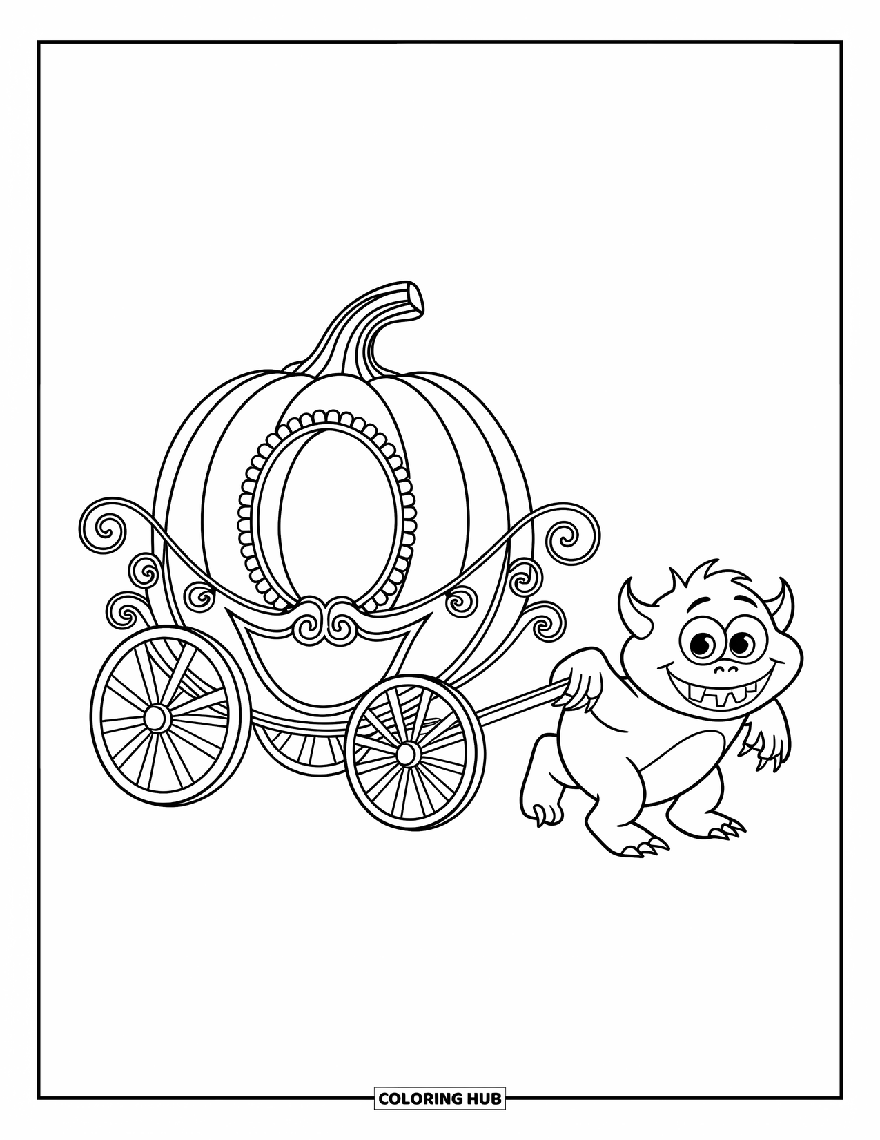 Horror Coloring Page for Kids: A mischievous monster pulls a pumpkin carriage decorated with swirls and playful dots