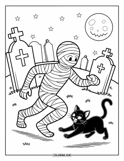Disegno horror da colorare per bambini: Una mummia con bende insegue un gatto birichino attraverso un vecchio cimitero storto