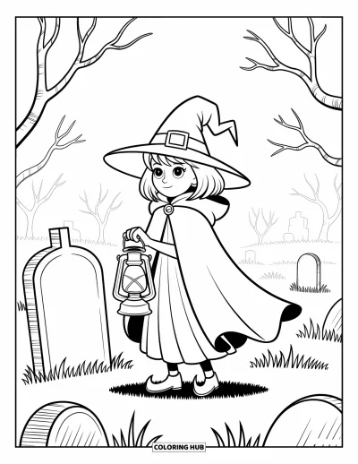 Disegno horror da colorare per bambini: Una misteriosa ragazza con una lanterna cammina in un cimitero nebbioso tra alberi contorti