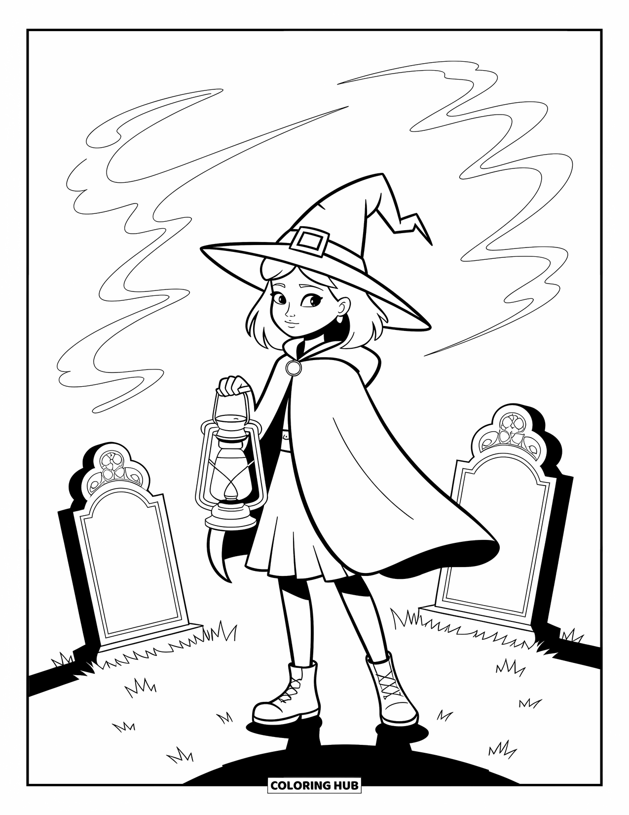 Horror Coloring Page for Kids: A mysterious girl in a witch cloak holds a lantern in a foggy graveyard