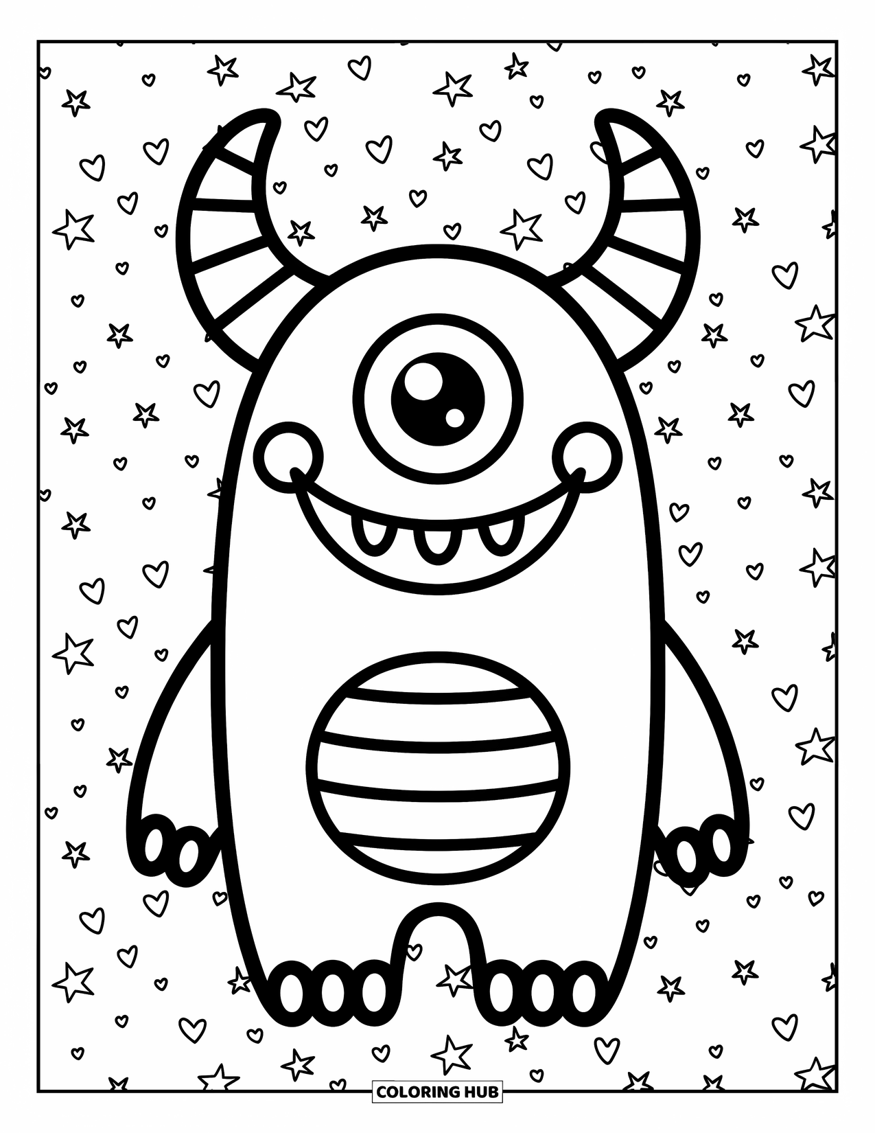 Horror Coloring Page for Kids: A one-eyed monster with two horns smiles warmly among tiny stars and hearts