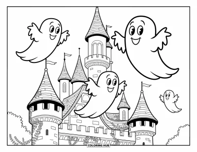 Disegno horror da colorare per bambini: Una famiglia di fantasmi giocosi fluttua intorno alle torri coperte di edera di un vecchio castello accogliente