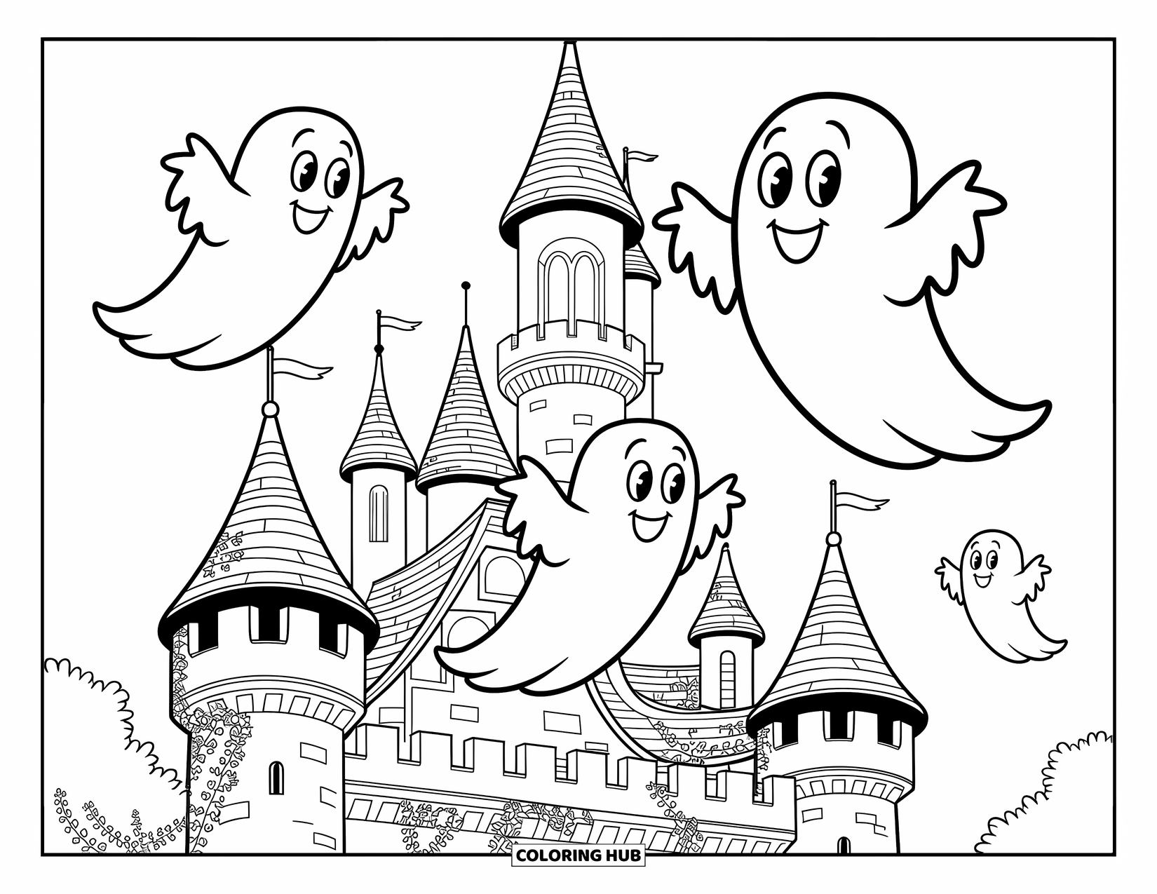 Horror Coloring Page for Kids: A playful ghost family floats around the ivy-covered towers of a cozy old castle