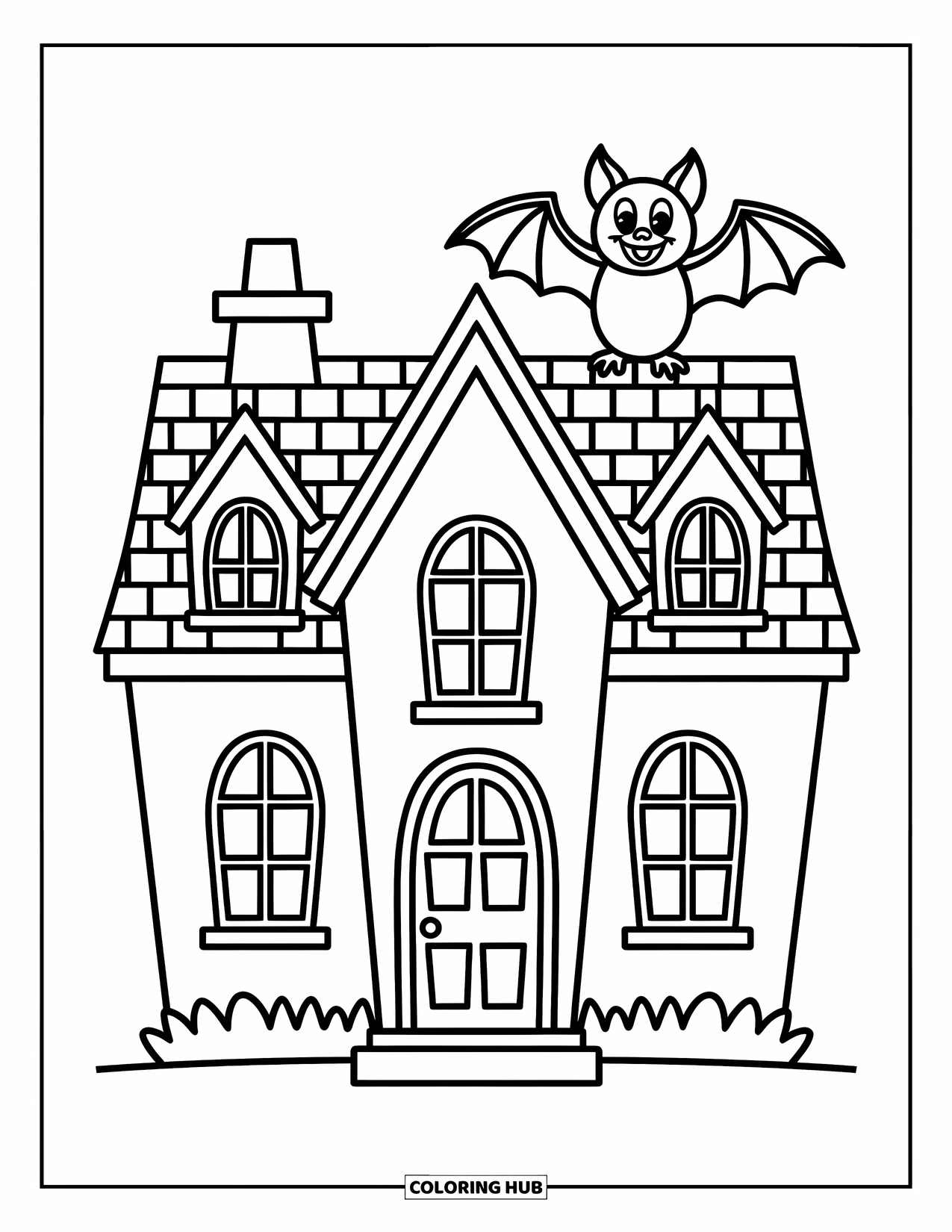 Horror Coloring Page for Kids: A playful haunted house with crooked windows and a cheerful bat on the rooftop