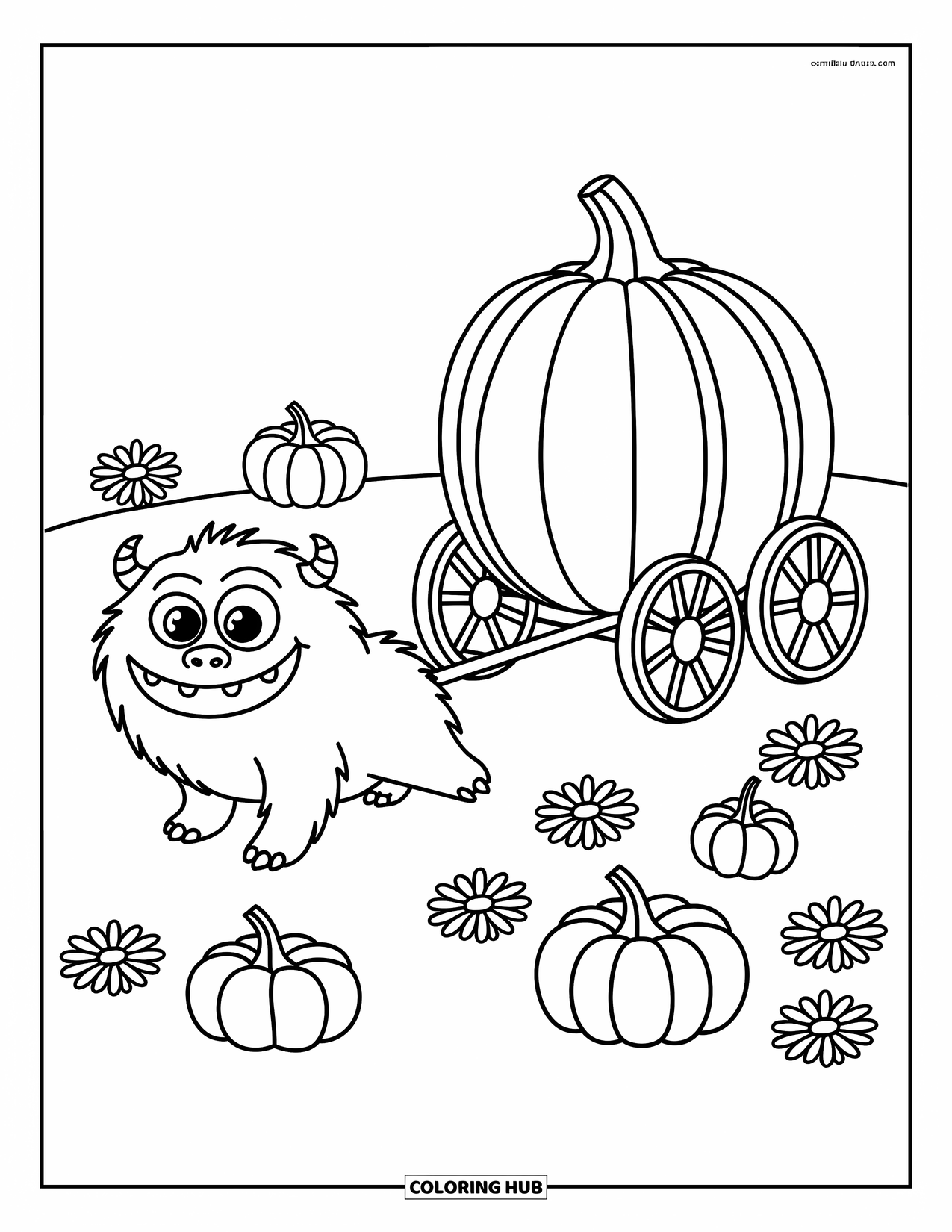 Horror Coloring Page for Kids: A playful monster with googly eyes pulls a pumpkin carriage through a meadow of pumpkins