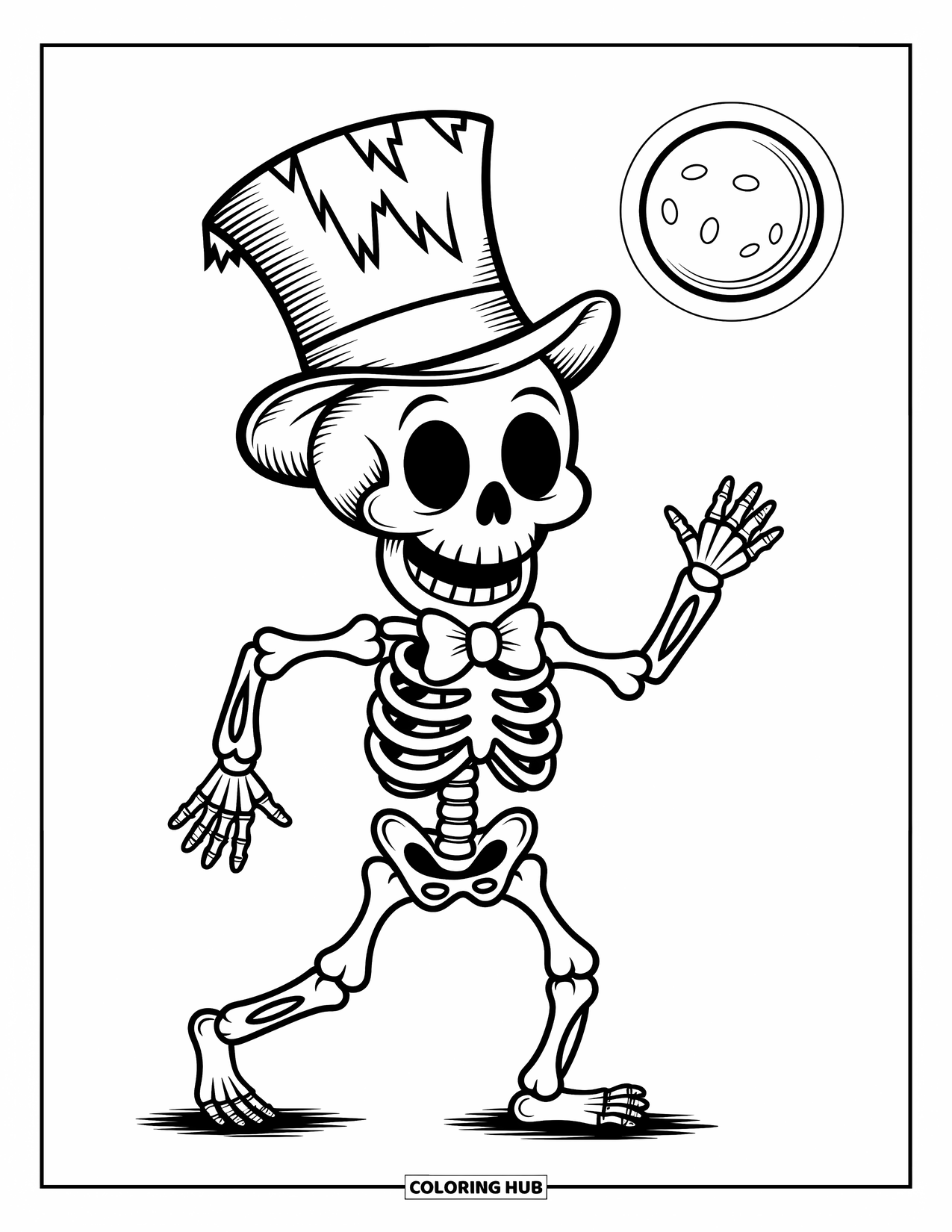 Horror Coloring Page for Kids: A playful skeleton wearing a tattered hat dances happily under the soft glow of the moon