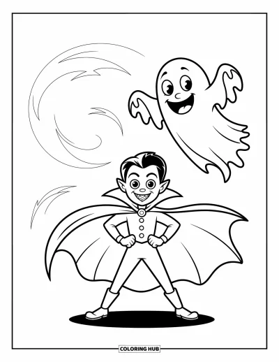 Disegno horror da colorare per bambini: Un vampiro giocoso con un mantello svolazzante sta con un fantasma allegro nella nebbia turbinante