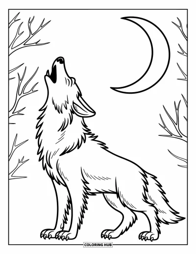 Disegno horror da colorare per bambini: Un lupo mannaro giocoso ulula alla falce di luna con rami d'albero che si allungano nella nebbia