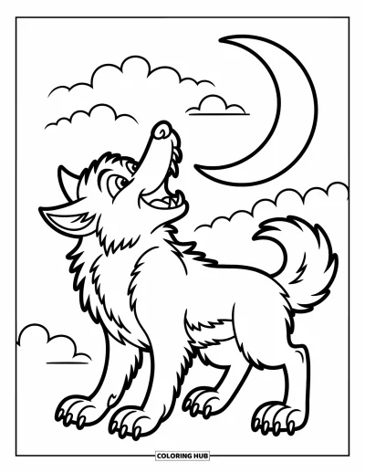Disegno horror da colorare per bambini: Un lupo mannaro giocoso ulula con gioia alla falce di luna tra morbide nuvole vaganti