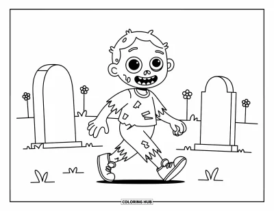 Disegno horror da colorare per bambini: Uno zombie giocoso con una scarpa mancante e vestiti strappati cammina tra lapidi accoglienti