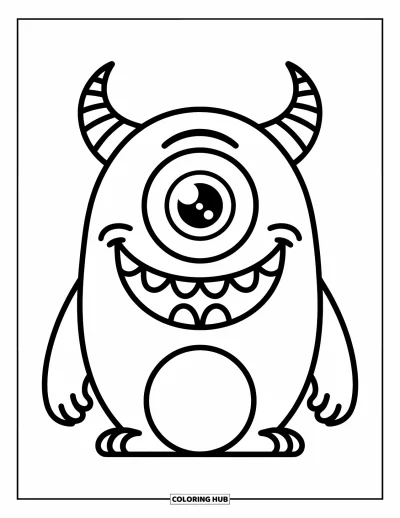 Disegno horror da colorare per bambini: Un mostro tondo e allegro con un occhio grande e due piccole corna sorride luminosamente