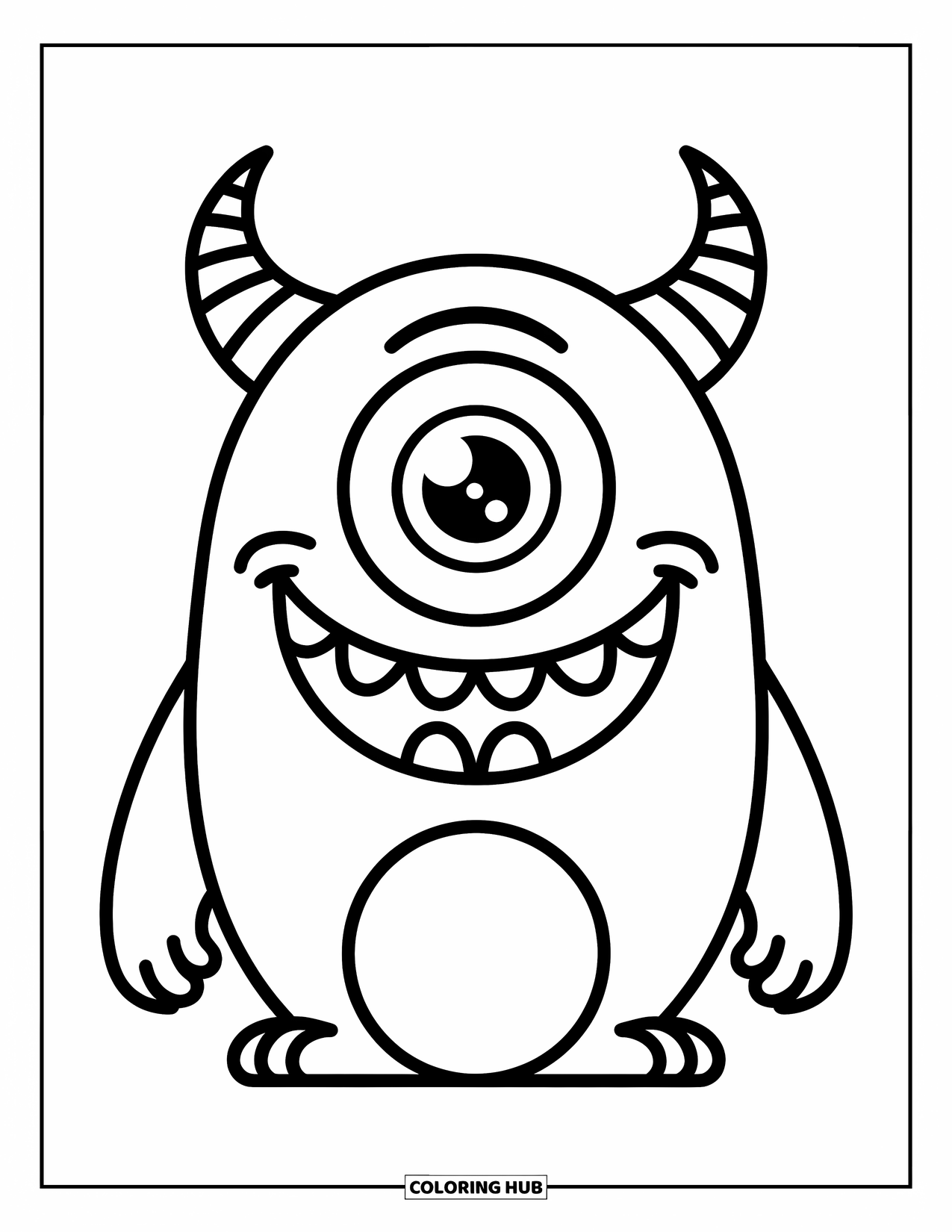 Horror Coloring Page for Kids: A round, cheerful monster with one big eye and two tiny horns grins brightly