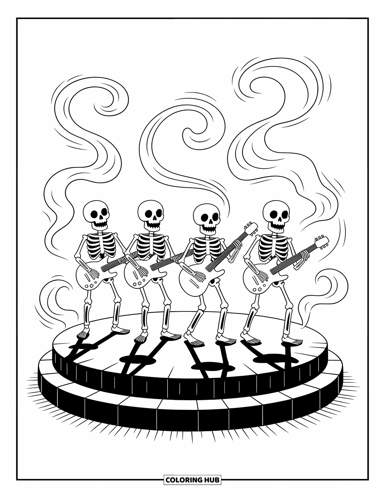 Horror Coloring Page for Kids: A skeleton band dressed as rock stars plays on a haunted stage with swirling smoke