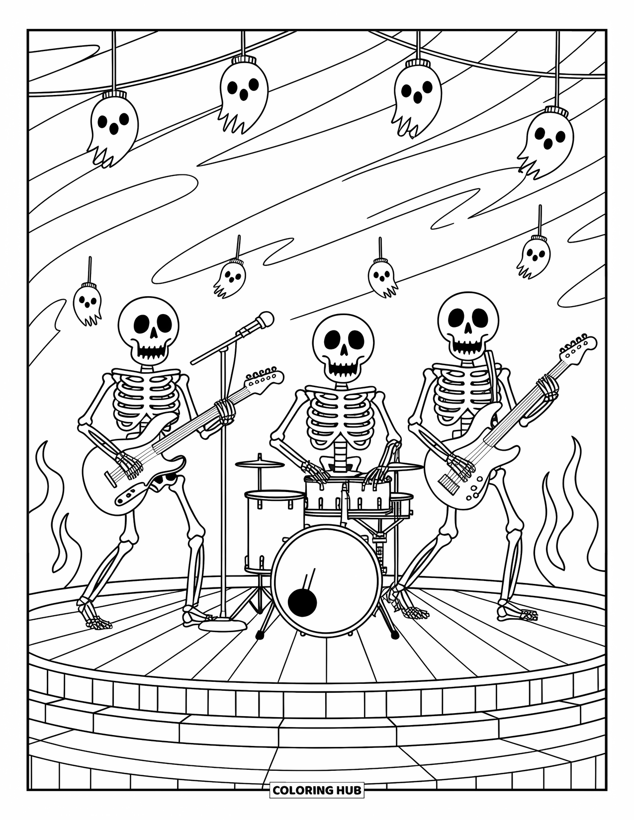 Horror Coloring Page for Kids: A skeleton band plays instruments on a haunted stage surrounded by ghostly decorations