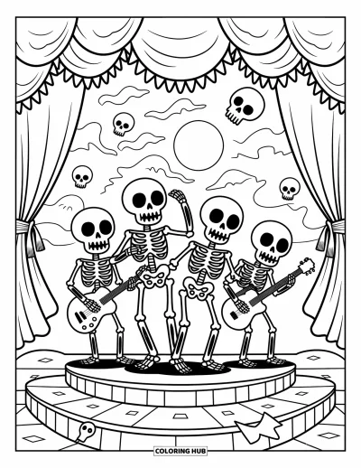Disegno horror da colorare per bambini: Una band di scheletri suona su un palco stregato con teschi fluttuanti e tende spettrali