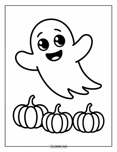 Disegno horror da colorare per bambini: Un fantasma sorridente fluttua sopra un campo di zucche di ogni forma e dimensione