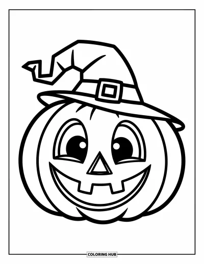 Disegno horror da colorare per bambini: Una zucca di Halloween sorridente con un cappello storto ghigna allegramente con occhi grandi e felici