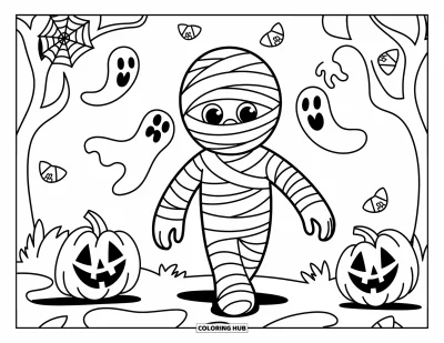 Disegno horror da colorare per bambini: Una mummia sorridente cammina in una casa stregata piena di zucche fluttuanti e fantasmi allegri