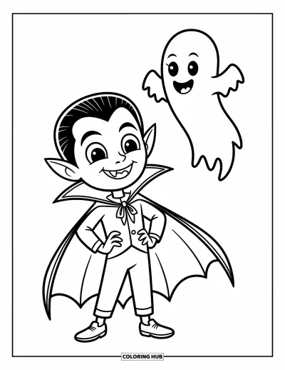 Disegno horror da colorare per bambini: Un vampiro sorridente con piccole ali da pipistrello si trova orgogliosamente accanto a un fantasma allegro