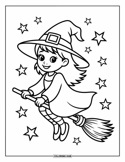 Disegno horror da colorare per bambini: Una strega sorridente con un cappello floscio vola in un cielo stellato tra morbide nuvole