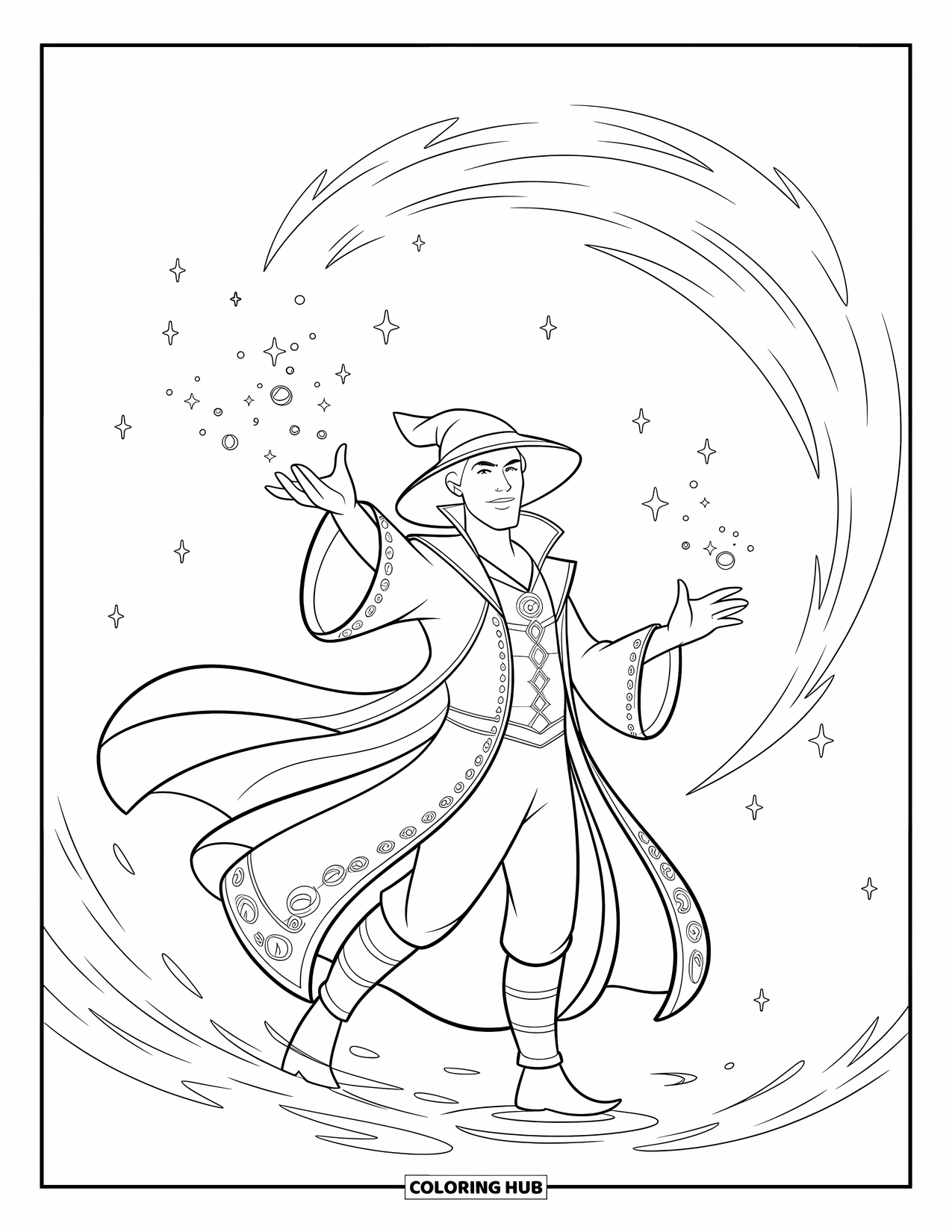 Horror Coloring Page for Kids: A sorcerer with magical symbols on his robes casts a spell in swirling fog