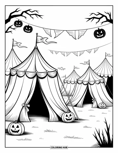 Disegno horror da colorare per bambini: Un luna park spettrale si dispiega con tendoni storti e lugubri zucche di Halloween sotto striscioni logori