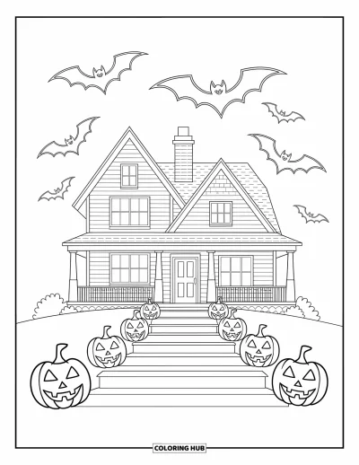 Disegno horror da colorare per bambini: Una casa spettrale si erge su una collina con pipistrelli in circolo e zucche sui gradini