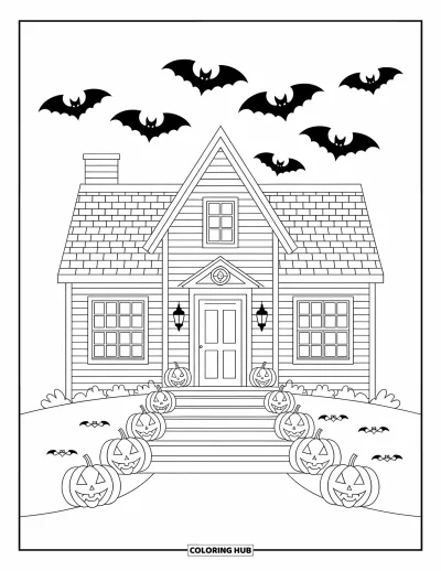 Disegno horror da colorare per bambini: Una casa spettrale con pipistrelli vorticosi sopra e zucche che illuminano il percorso verso la porta