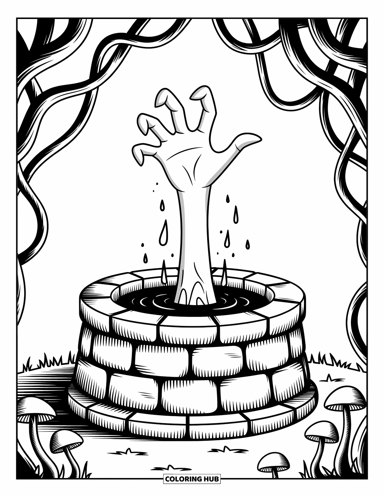 Horror Coloring Page for Kids: A spooky well with ancient stones and a ghostly hand reaching toward the sky