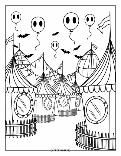 Disegno horror da colorare per bambini: Un luna park stravagante con ruote panoramiche storte, palloncini spettrali e tendoni inquietanti