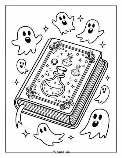 Disegno horror da colorare per bambini: Un libro capriccioso fluttua insieme a pozioni e piccoli fantasmi allegri che vorticano intorno