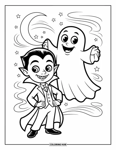 Disegno horror da colorare per bambini: Un giovane vampiro e un fantasma felice si trovano insieme sotto un magico cielo notturno